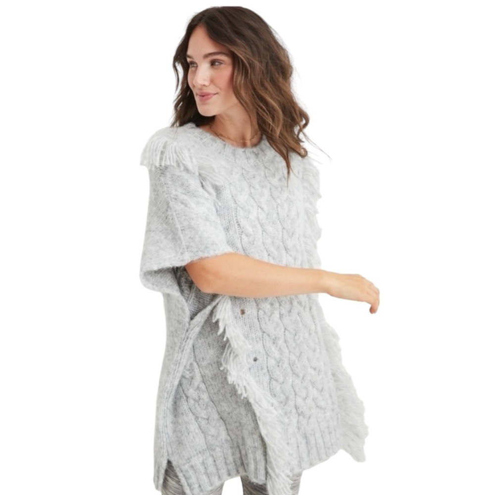 NEW Aerie Gray Boxy Cable Knit Fringe Oversized Poncho Pullover Sweater L/XL